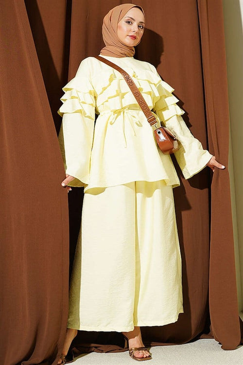 2 Piece Set Tunic with Drawstring Belt and Ruffles, Yellow