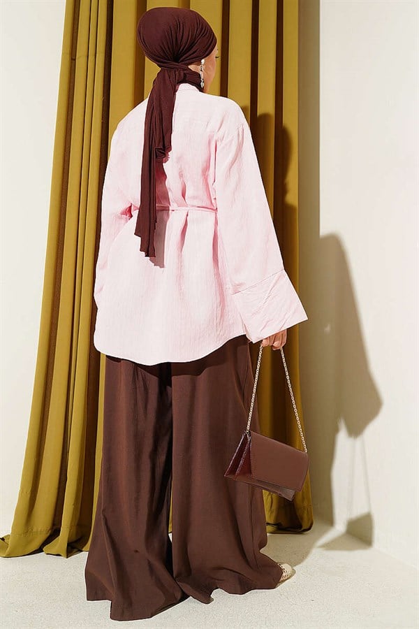 Pink Modal Shirt with Wide Sleeves and Drawstring