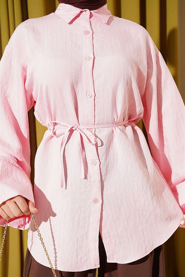Pink Modal Shirt with Wide Sleeves and Drawstring