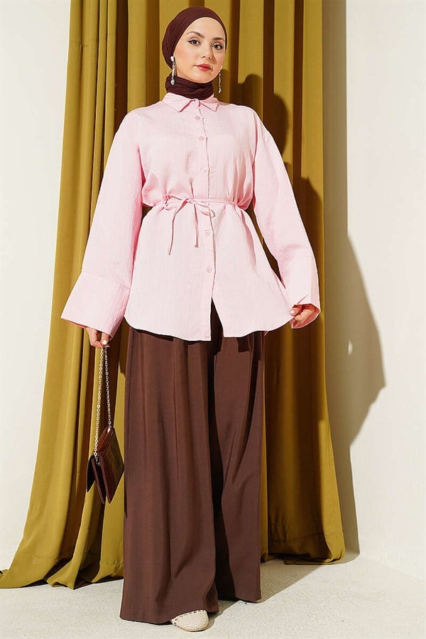 Pink Modal Shirt with Wide Sleeves and Drawstring