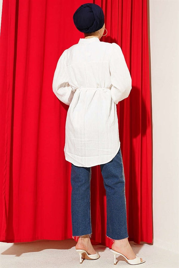 White Embossed Striped Shirt with Drawstring