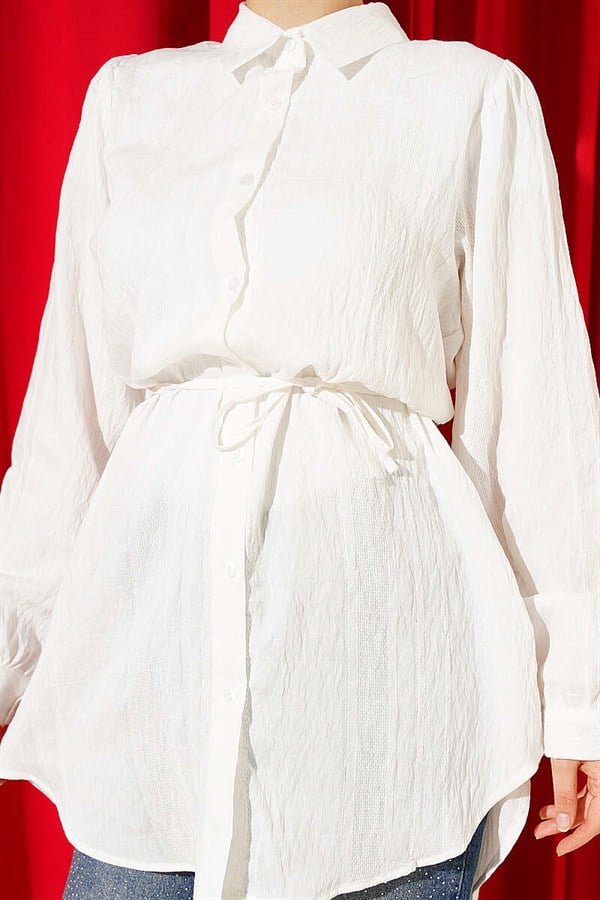 White Embossed Striped Shirt with Drawstring