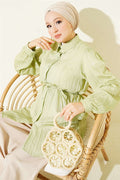 Drawstring Belted Embossed Striped Shirt, Light Green