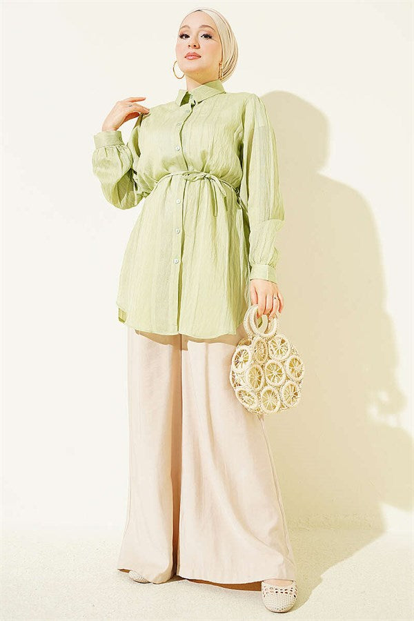 Drawstring Belted Embossed Striped Shirt, Light Green