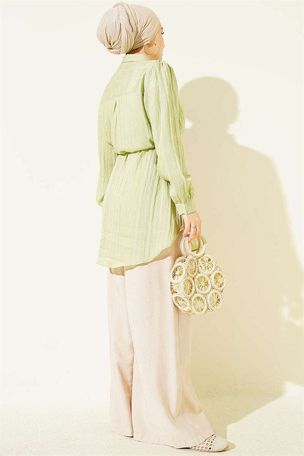 Drawstring Belted Embossed Striped Shirt, Light Green