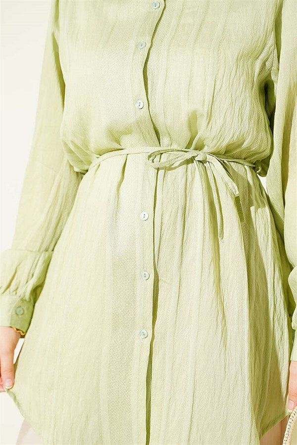 Drawstring Belted Embossed Striped Shirt, Light Green