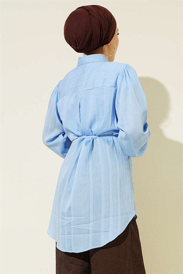 Drawstring Belted Embossed Striped Shirt Blue