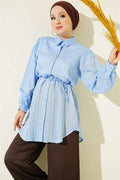 Drawstring Belted Embossed Striped Shirt Blue