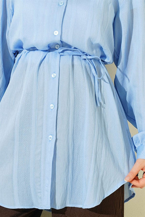 Drawstring Belted Embossed Striped Shirt Blue