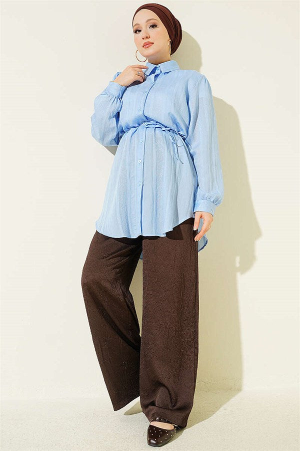 Drawstring Belted Embossed Striped Shirt Blue