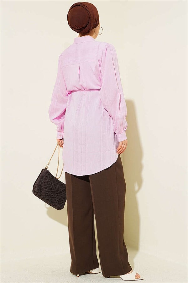 Pink Embossed Striped Shirt with Drawstring