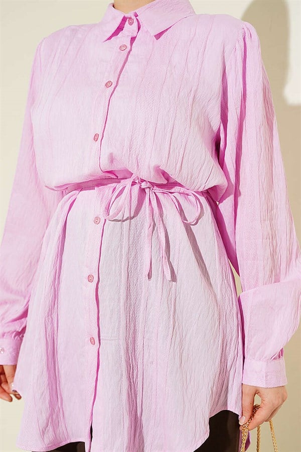 Pink Embossed Striped Shirt with Drawstring