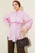 Pink Embossed Striped Shirt with Drawstring