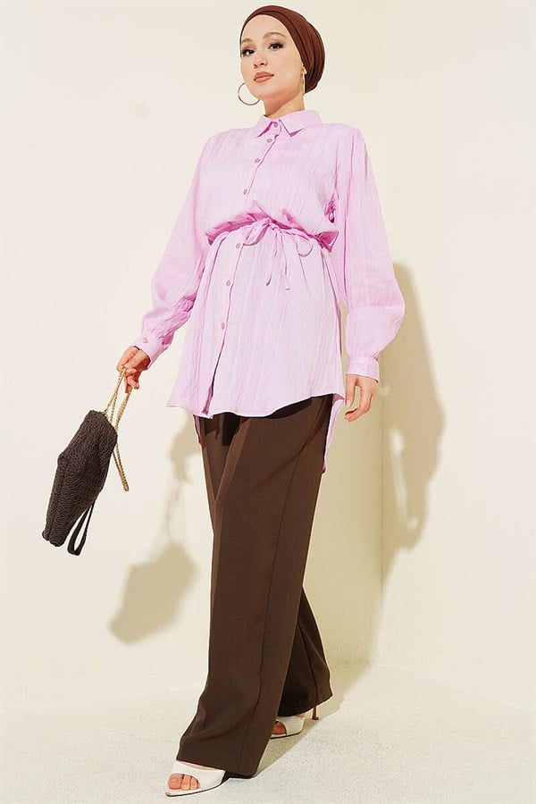 Pink Embossed Striped Shirt with Drawstring