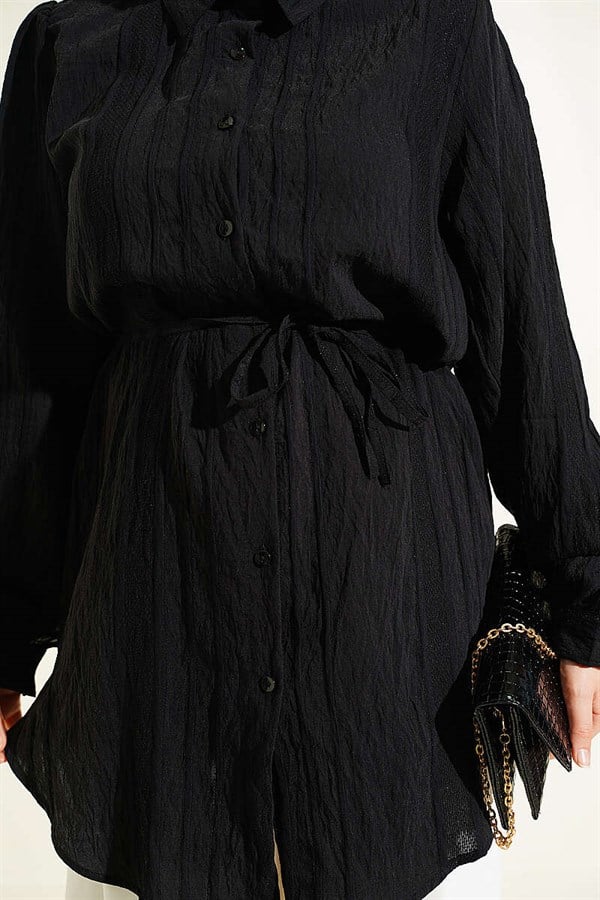Black Embossed Striped Shirt with Drawstring