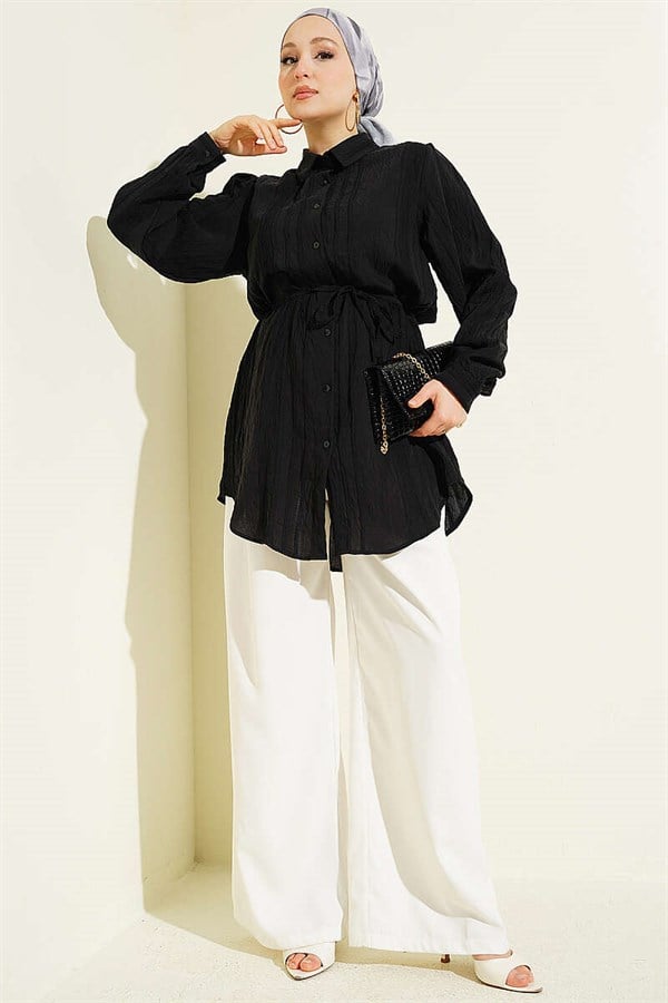 Black Embossed Striped Shirt with Drawstring