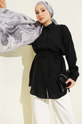 Black Embossed Striped Shirt with Drawstring