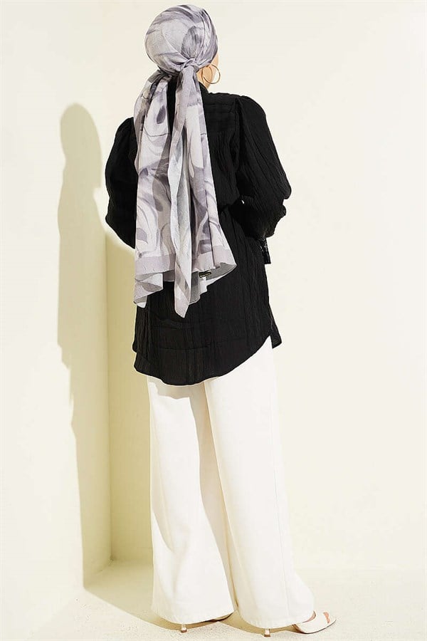 Black Embossed Striped Shirt with Drawstring