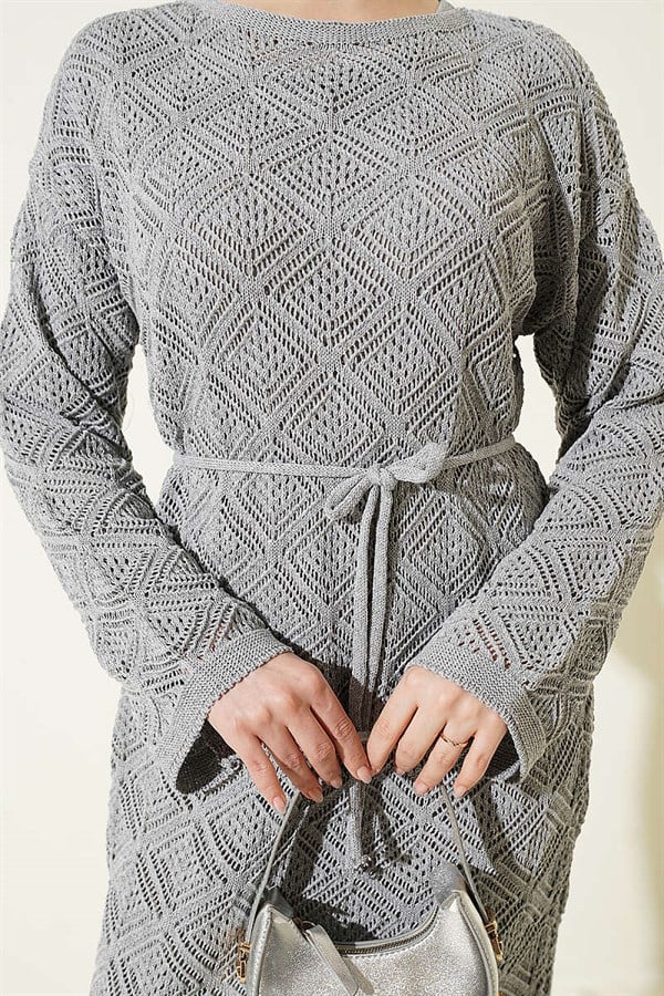 Gray Square Openwork Knit Dress with Drawstring Belt