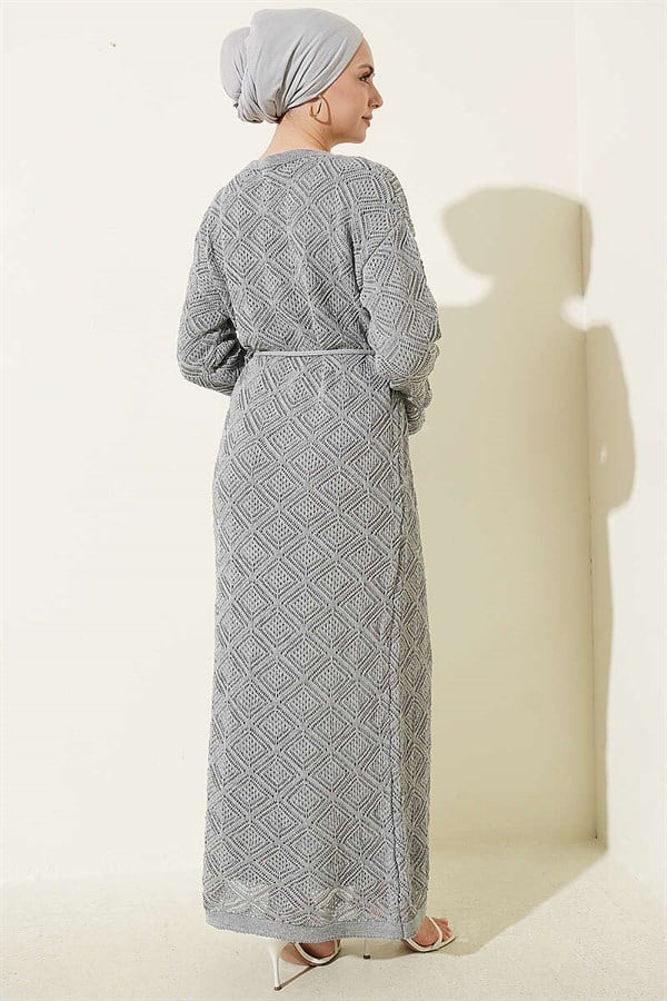 Gray Square Openwork Knit Dress with Drawstring Belt
