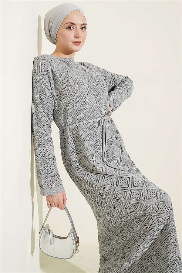 Gray Square Openwork Knit Dress with Drawstring Belt