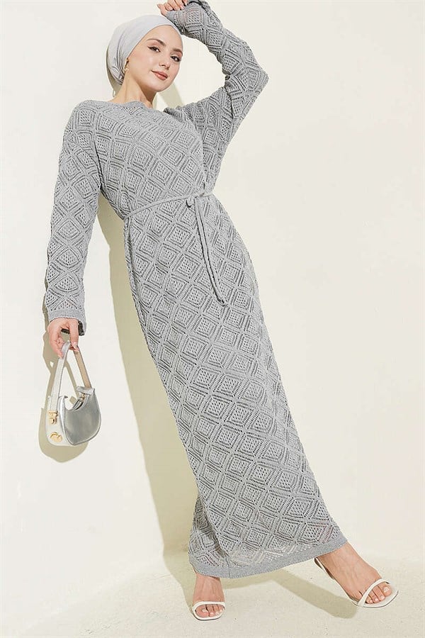Gray Square Openwork Knit Dress with Drawstring Belt