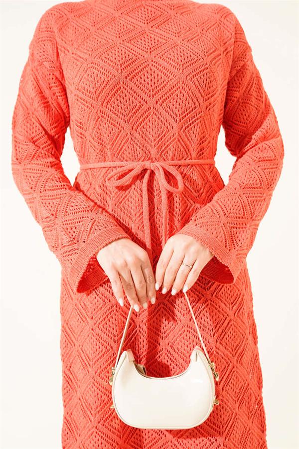 Square Openwork Knit Dress with Drawstring Belt, Rose Pink