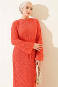 Square Openwork Knit Dress with Drawstring Belt, Rose Pink