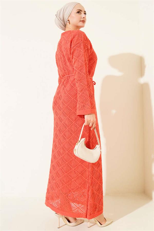 Square Openwork Knit Dress with Drawstring Belt, Rose Pink