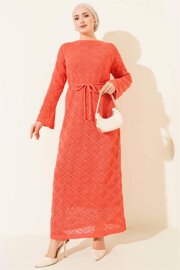 Square Openwork Knit Dress with Drawstring Belt, Rose Pink