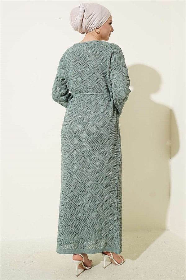 Square Openwork Knit Dress with Drawstring Belt, Mint