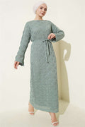 Square Openwork Knit Dress with Drawstring Belt, Mint