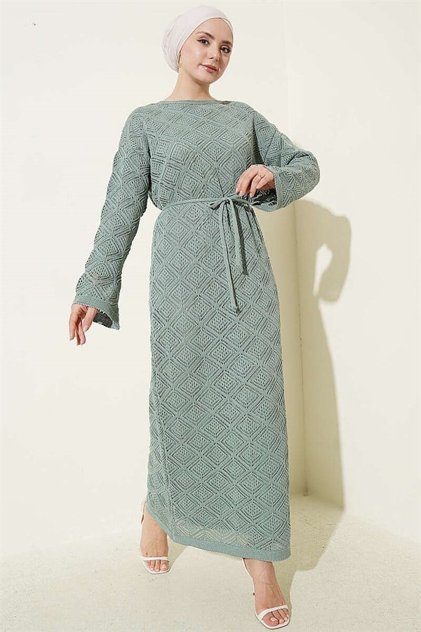 Square Openwork Knit Dress with Drawstring Belt, Mint