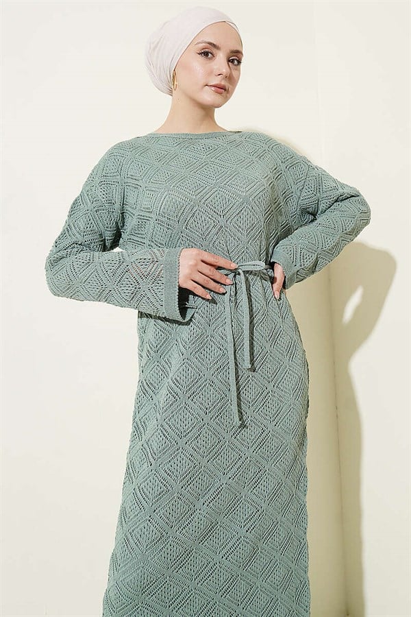Square Openwork Knit Dress with Drawstring Belt, Mint