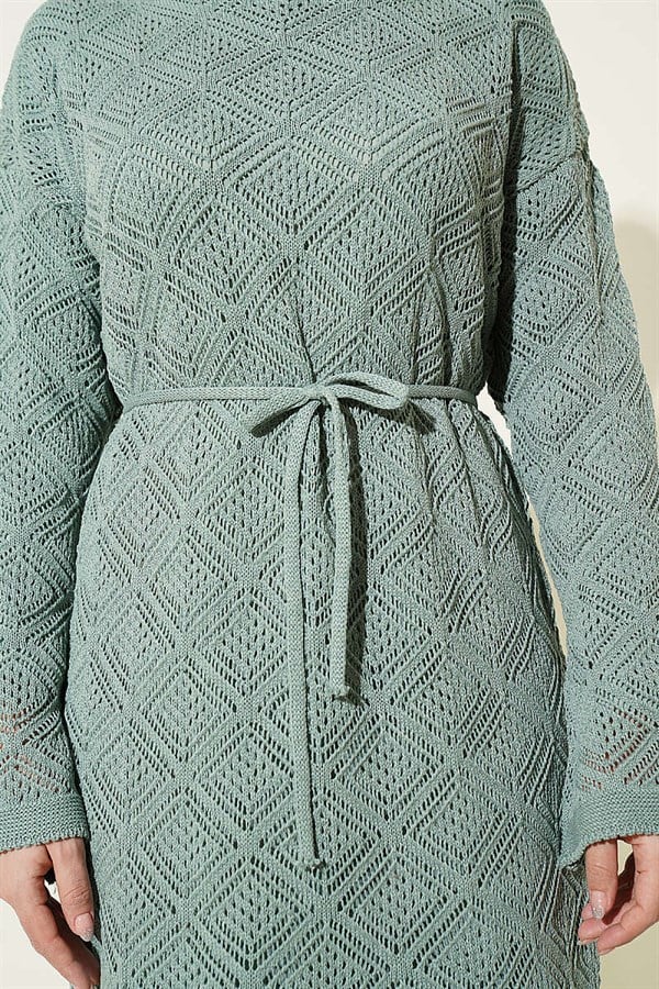 Square Openwork Knit Dress with Drawstring Belt, Mint