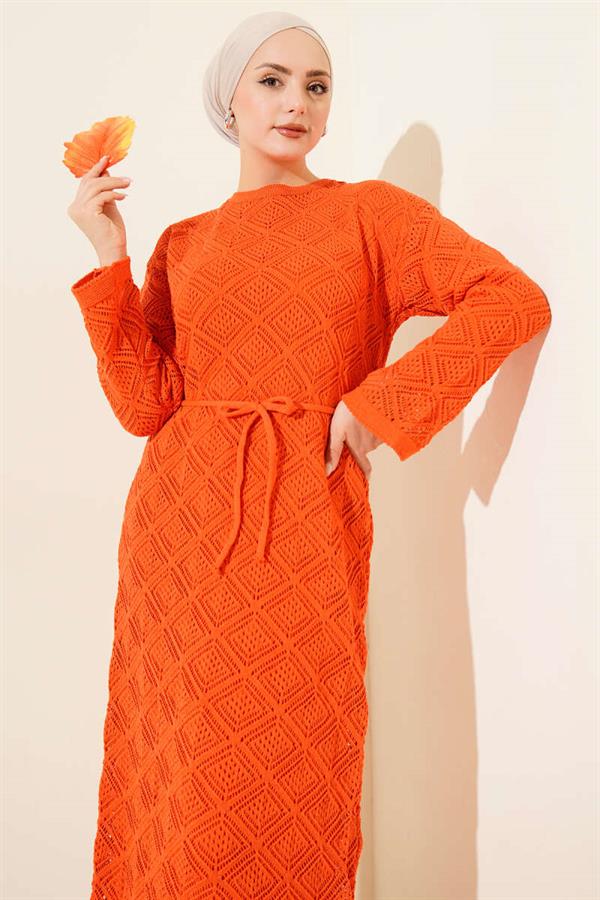 Orange Square Openwork Knit Dress with Drawstring Belt