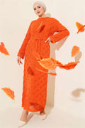 Orange Square Openwork Knit Dress with Drawstring Belt