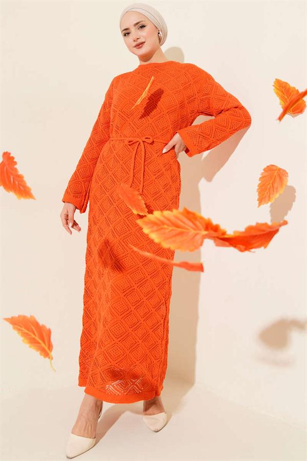 Orange Square Openwork Knit Dress with Drawstring Belt