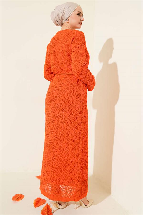 Orange Square Openwork Knit Dress with Drawstring Belt