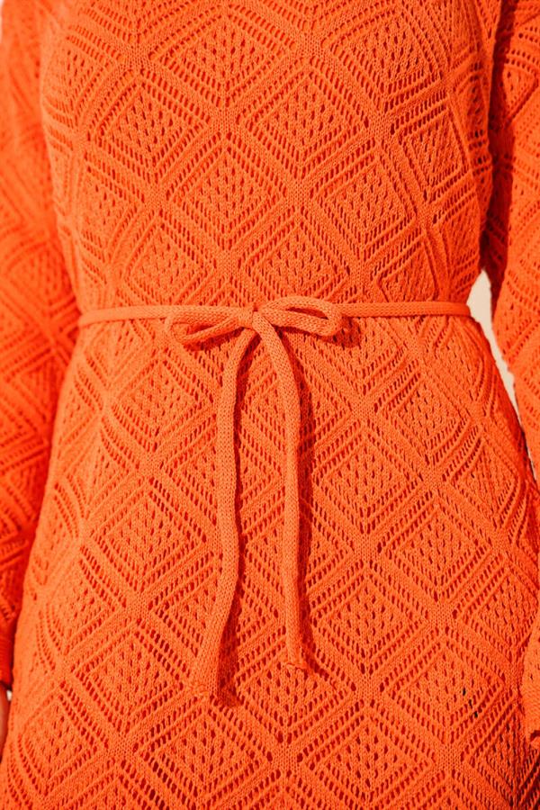 Orange Square Openwork Knit Dress with Drawstring Belt