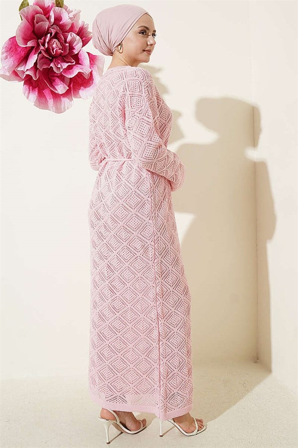 Pink Square Openwork Knit Dress with Drawstring Belt