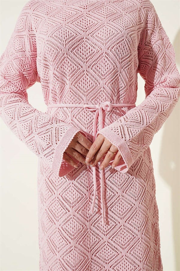 Pink Square Openwork Knit Dress with Drawstring Belt