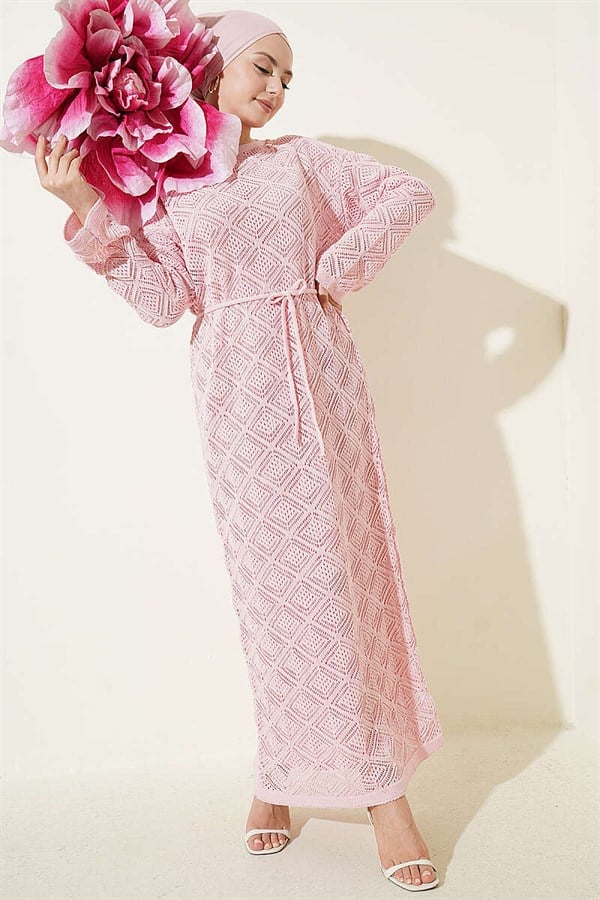 Pink Square Openwork Knit Dress with Drawstring Belt