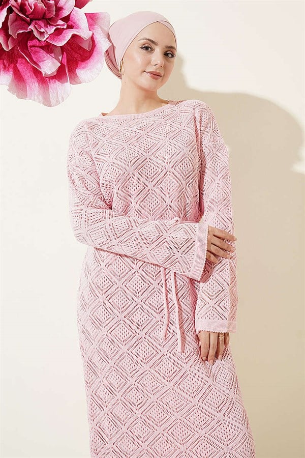 Pink Square Openwork Knit Dress with Drawstring Belt