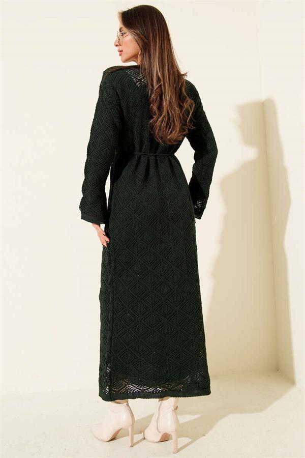 Emerald Green Square Openwork Knit Dress with Drawstring Belt