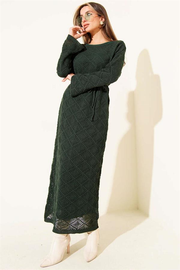 Emerald Green Square Openwork Knit Dress with Drawstring Belt