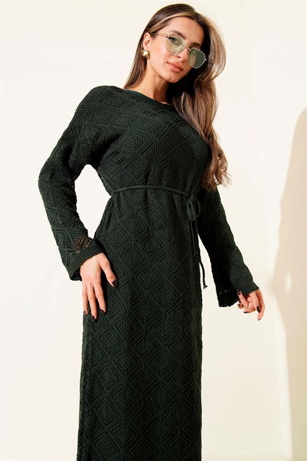 Emerald Green Square Openwork Knit Dress with Drawstring Belt