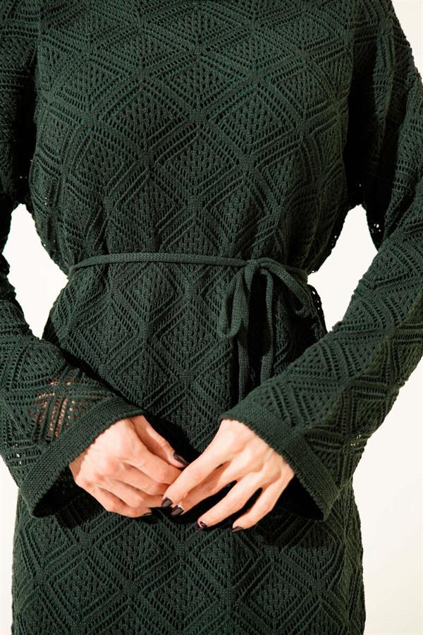 Emerald Green Square Openwork Knit Dress with Drawstring Belt