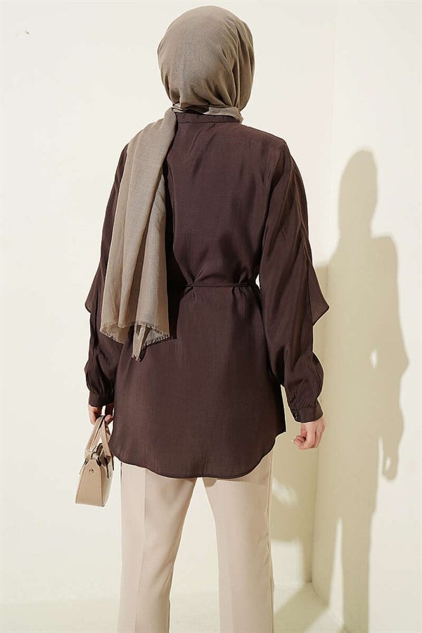 Drawstring Sleeve Cape Shirt Dark Brown