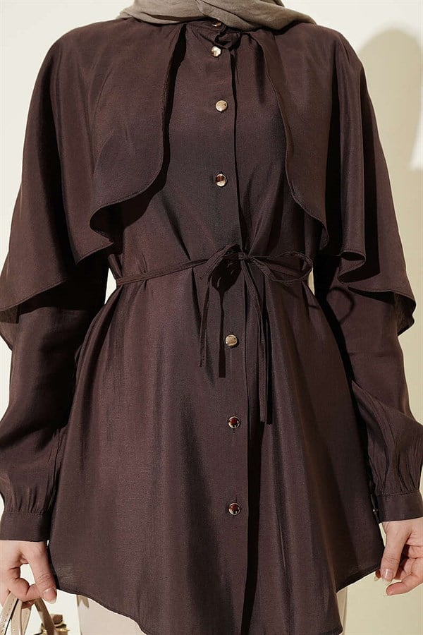 Drawstring Sleeve Cape Shirt Dark Brown